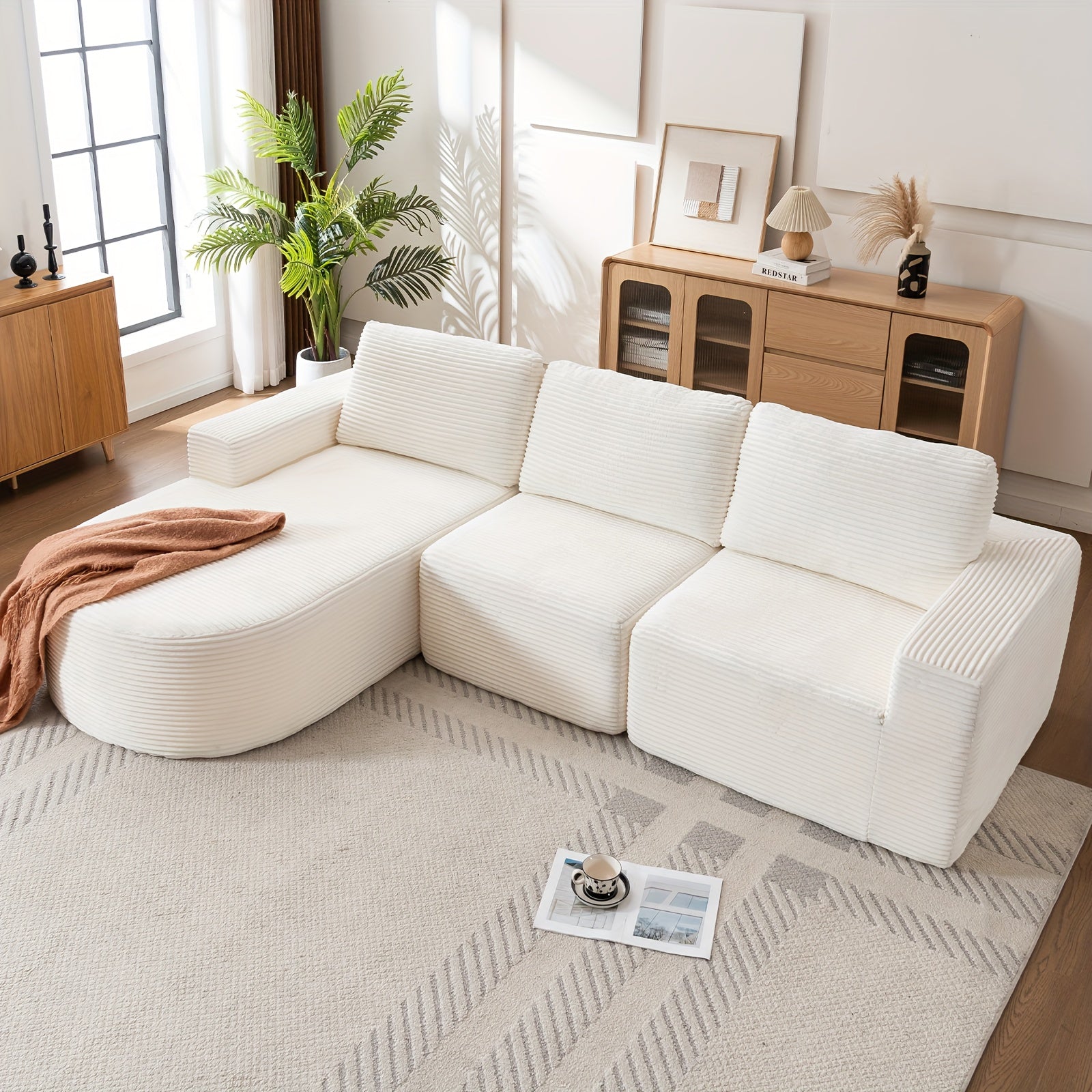 Conjunto Sofá L Chenille Almofadas Aveludadas Montagem Zero